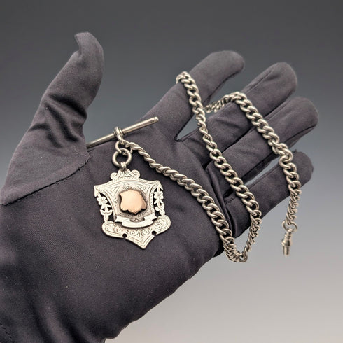 Circa 1919 British Antique Sterling Silver Albert Chain, 53g, Sterling Silver Medal Fob